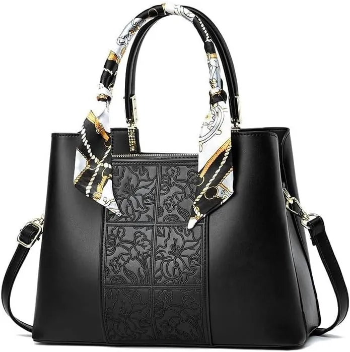 Handbag Women Lady Stylish Print Cross-Body Bag Tote Bags Leisure Solid Color Shoulder Bags with Silk Ribbon