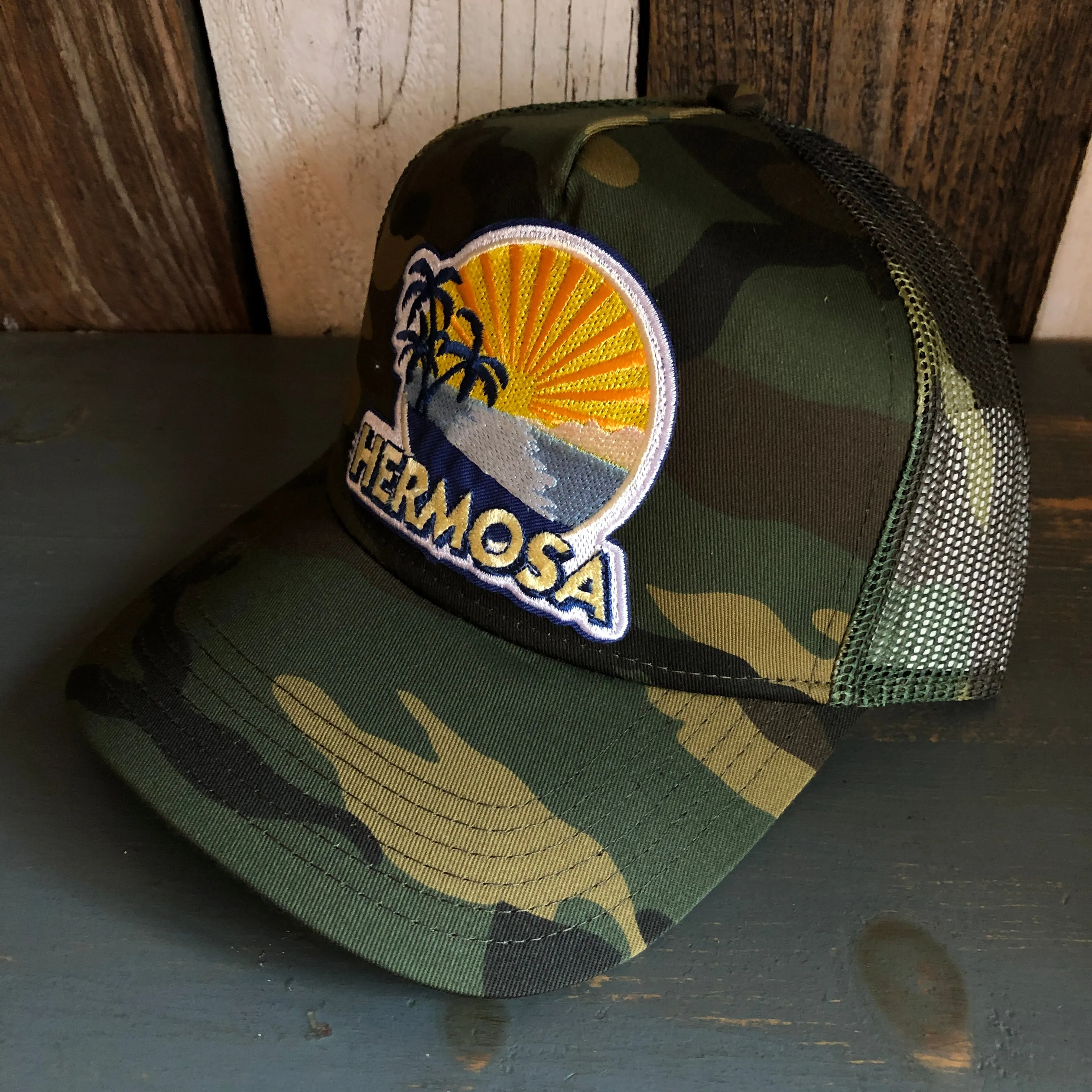 Hermosa Beach FIESTA Camouflage 5 Panel Mid Crown Mesh Back Snapback Trucker Hat - Dark Green/Brown