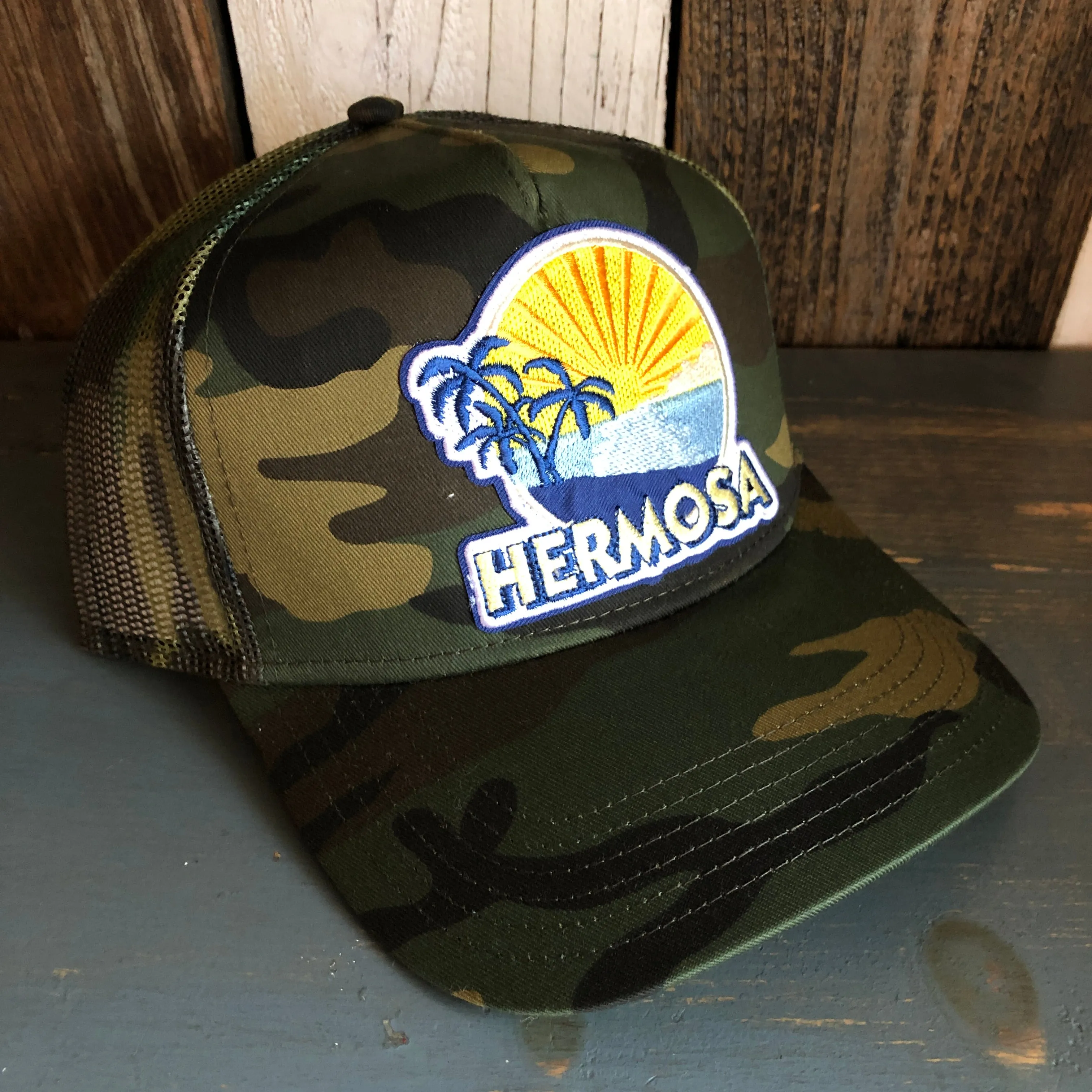 Hermosa Beach FIESTA Camouflage 5 Panel Mid Crown Mesh Back Snapback Trucker Hat - Dark Green/Brown
