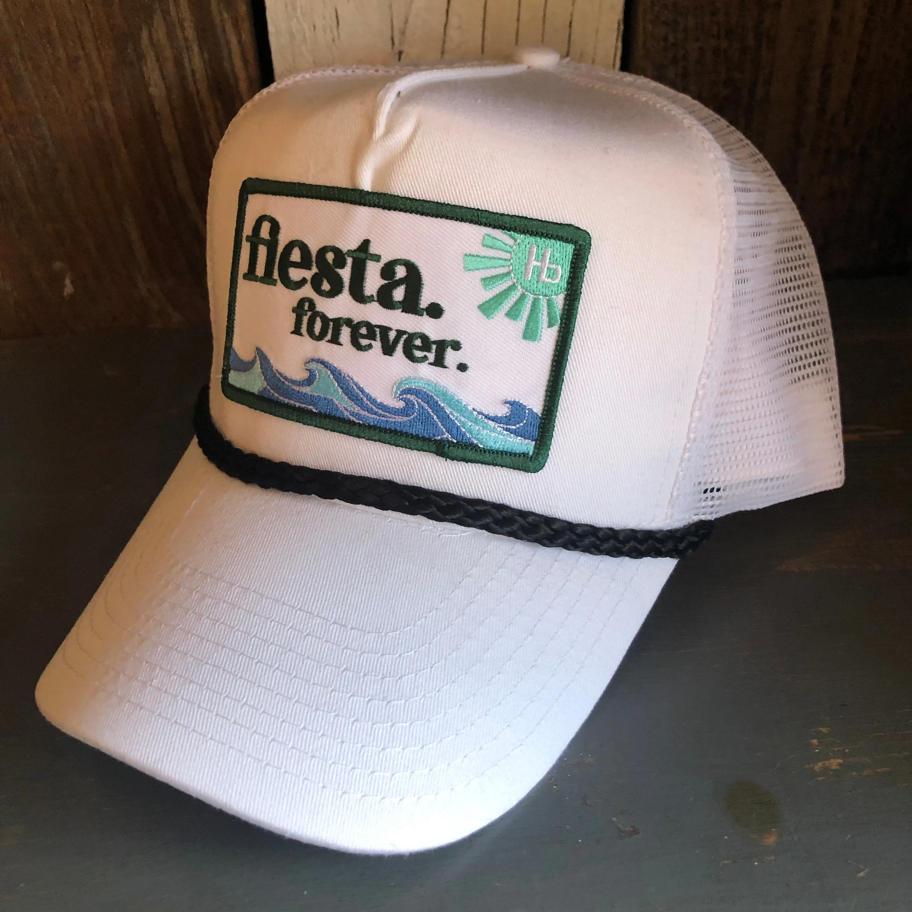 Hermosa Beach FIESTA FOREVER 5 panel Cotton Twill Front, Mesh Back, Rope cap - White/Black Braid