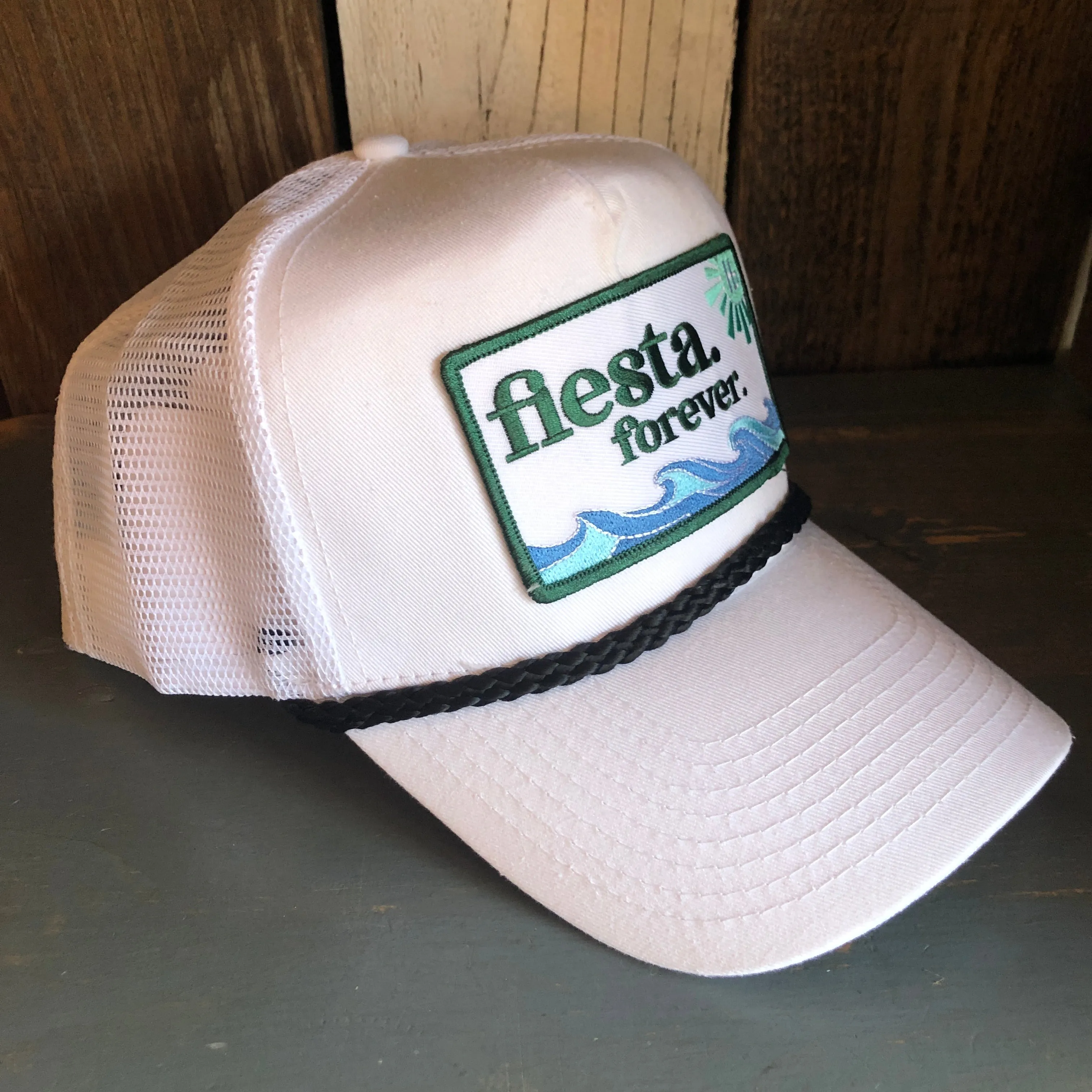 Hermosa Beach FIESTA FOREVER 5 panel Cotton Twill Front, Mesh Back, Rope cap - White/Black Braid