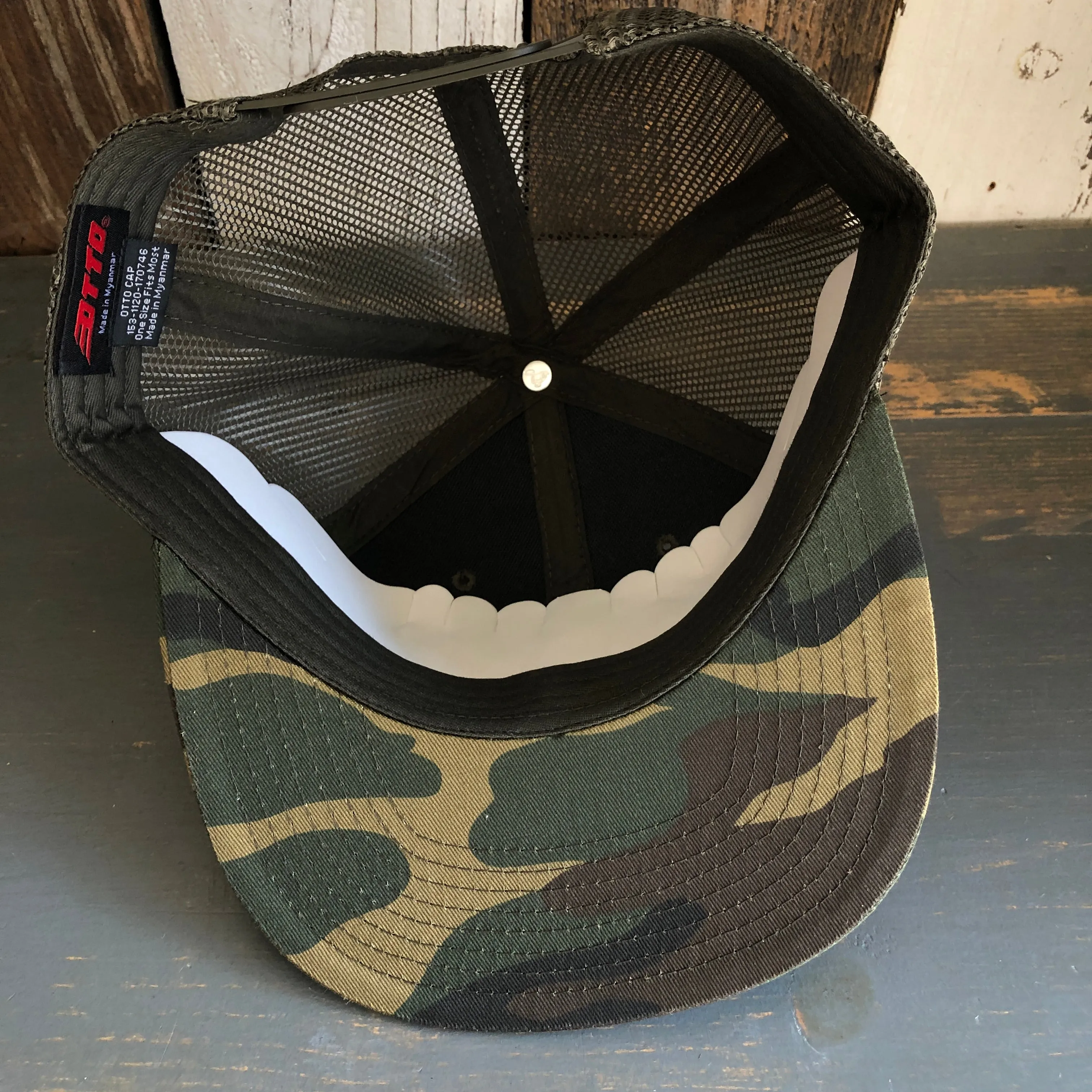 Hermosa Beach LIFEGUARD TOWER Camouflage 6 Panel Mid Profile Mesh Back Snapback Trucker Hat - Dark Green/Brown/Dark Olive Green