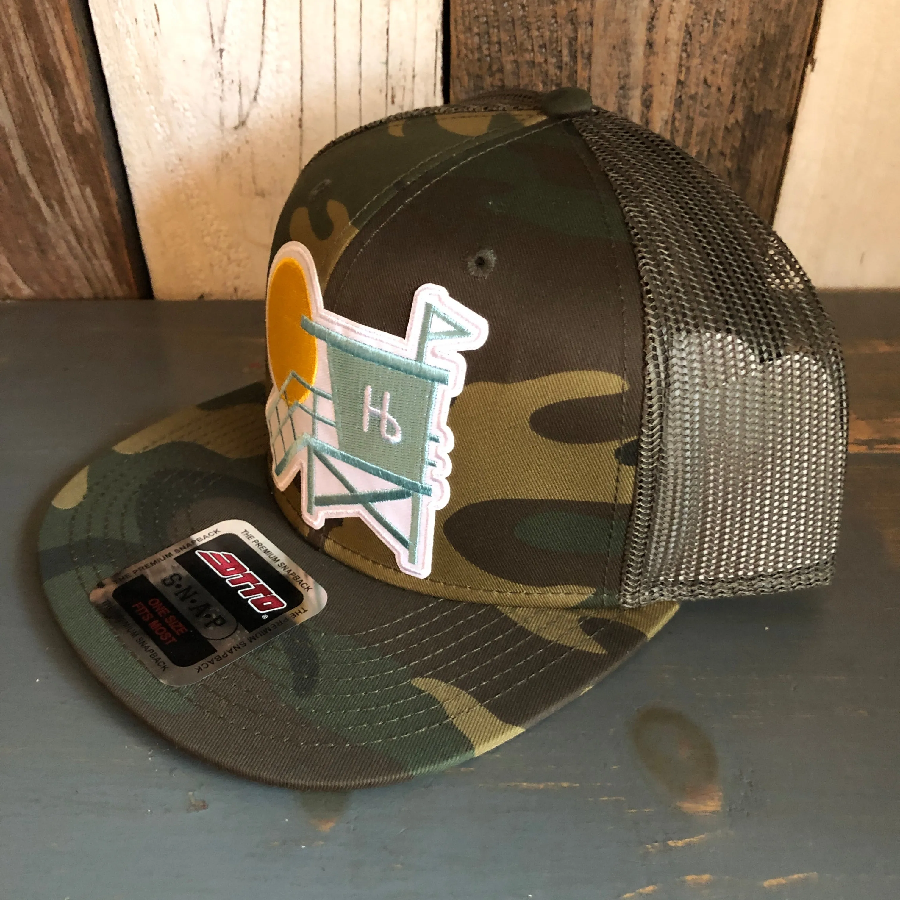 Hermosa Beach LIFEGUARD TOWER Camouflage 6 Panel Mid Profile Mesh Back Snapback Trucker Hat - Dark Green/Brown/Dark Olive Green