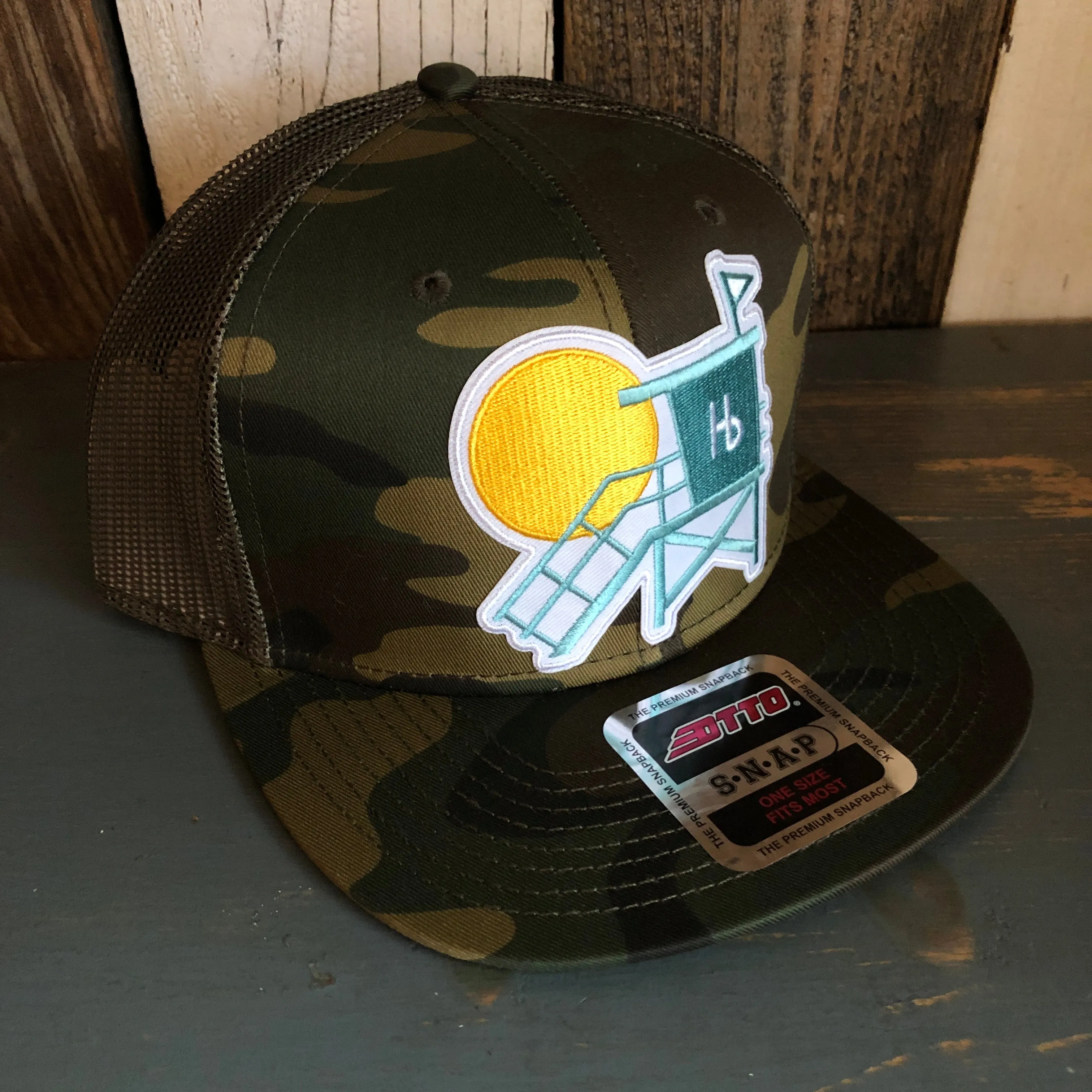 Hermosa Beach LIFEGUARD TOWER Camouflage 6 Panel Mid Profile Mesh Back Snapback Trucker Hat - Dark Green/Brown/Dark Olive Green