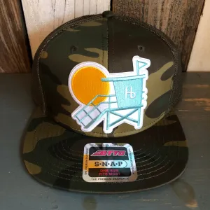 Hermosa Beach LIFEGUARD TOWER Camouflage 6 Panel Mid Profile Mesh Back Snapback Trucker Hat - Dark Green/Brown/Dark Olive Green