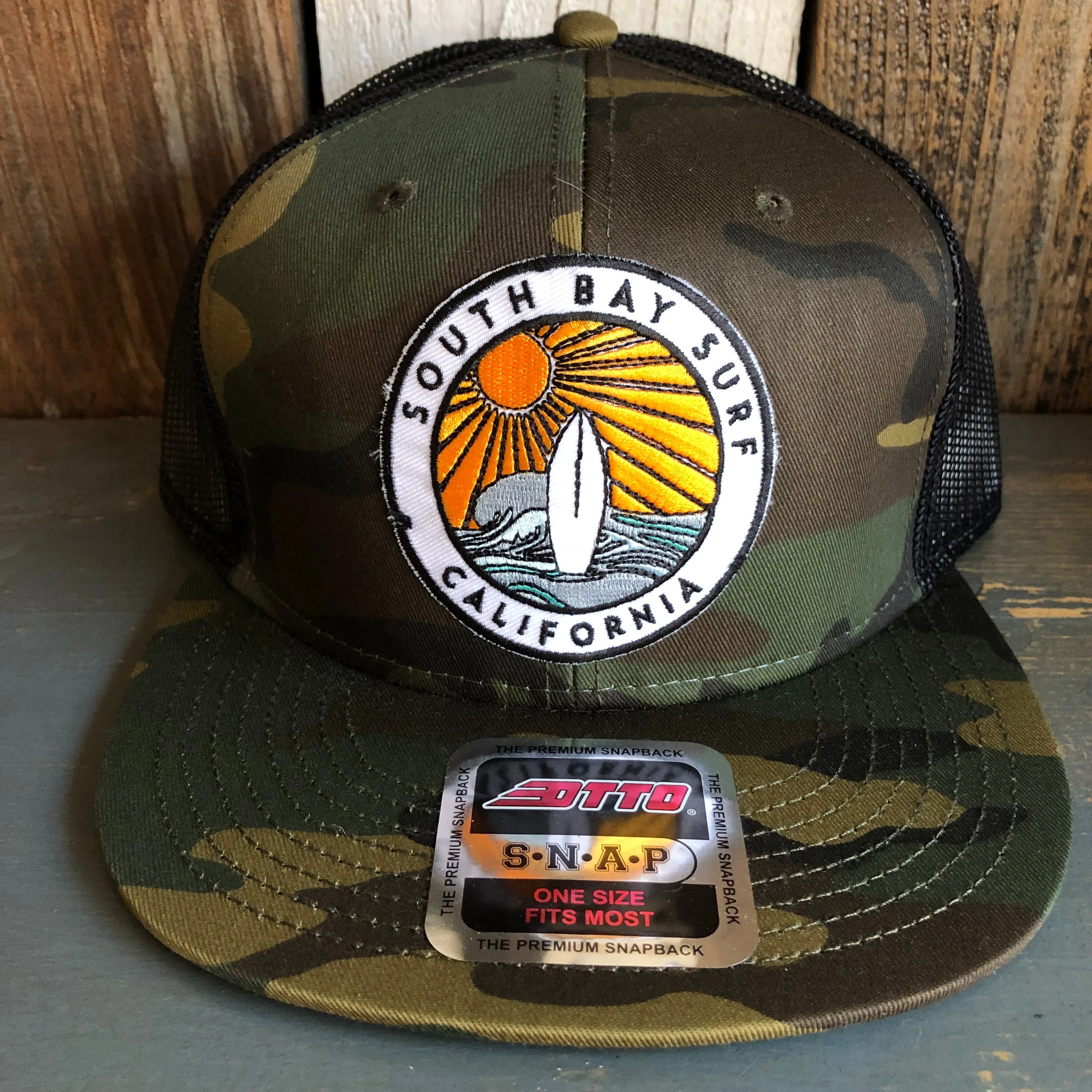 Hermosa Beach SOUTH BAY SURF (Multi Colored Patch) Camouflage 6 Panel Mid Profile Mesh Back Snapback Trucker Hat - Dark Green/Brown/Black