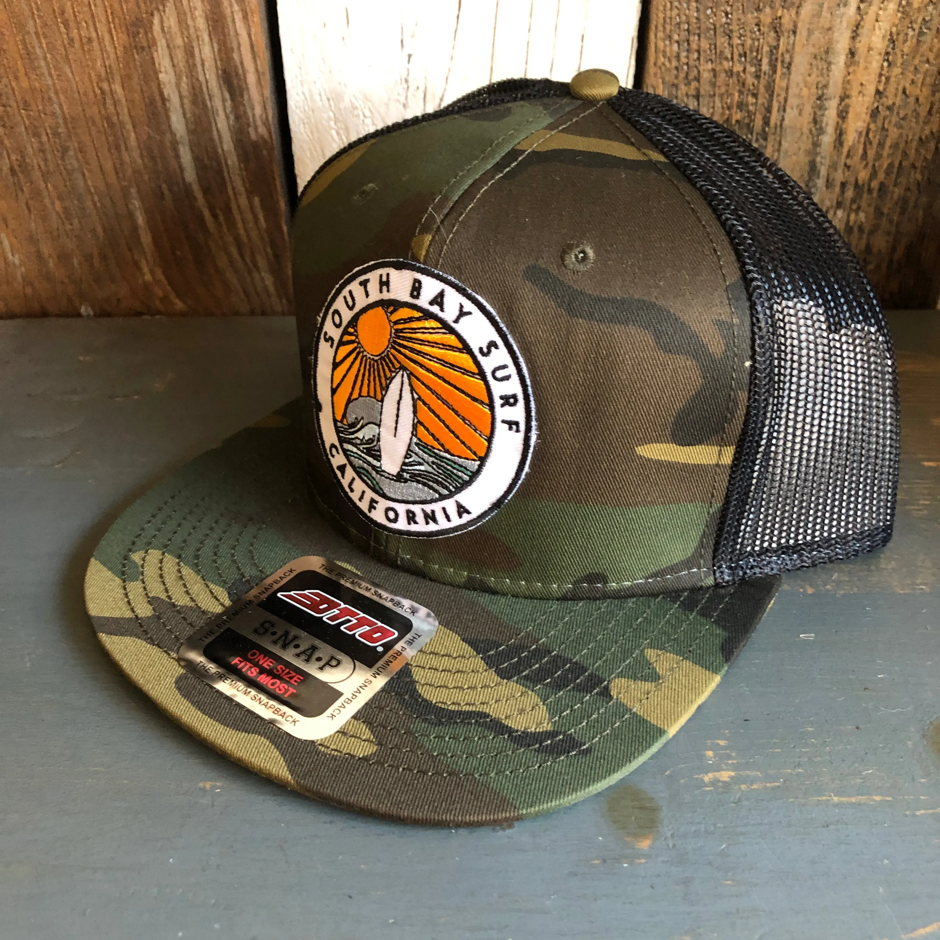 Hermosa Beach SOUTH BAY SURF (Multi Colored Patch) Camouflage 6 Panel Mid Profile Mesh Back Snapback Trucker Hat - Dark Green/Brown/Black