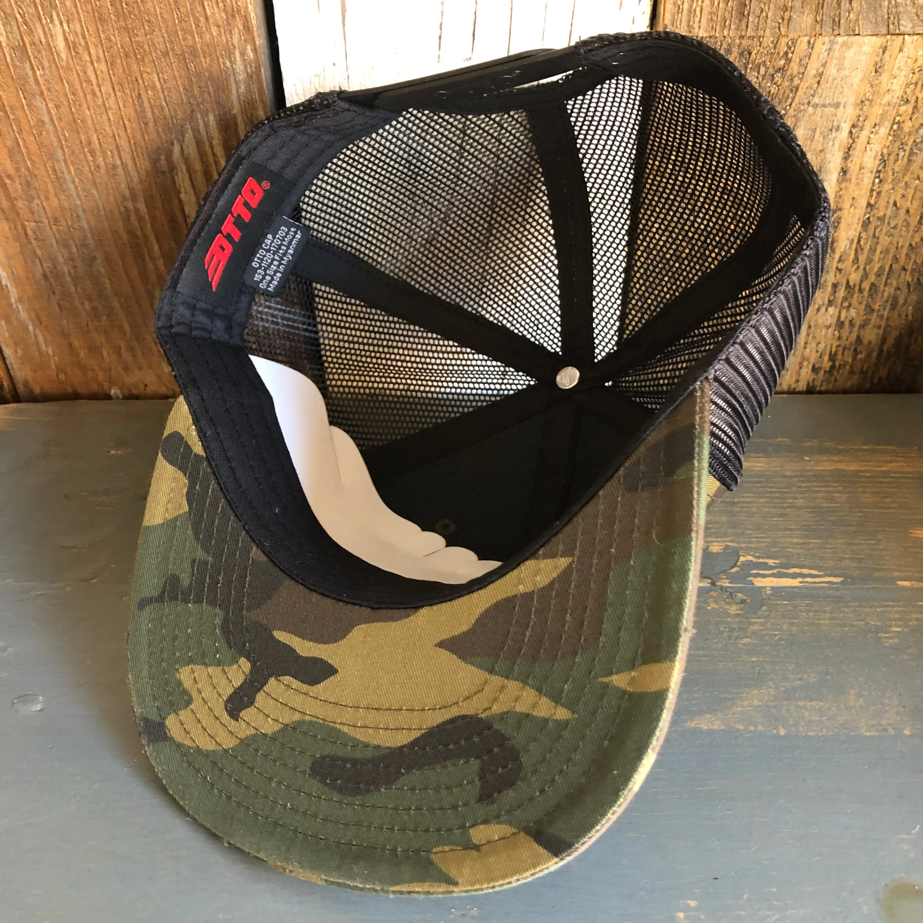 Hermosa Beach SOUTH BAY SURF (Navy Patch) Camouflage 6 Panel Mid Profile Mesh Back Snapback Trucker Hat - Dark Green/Brown/Black