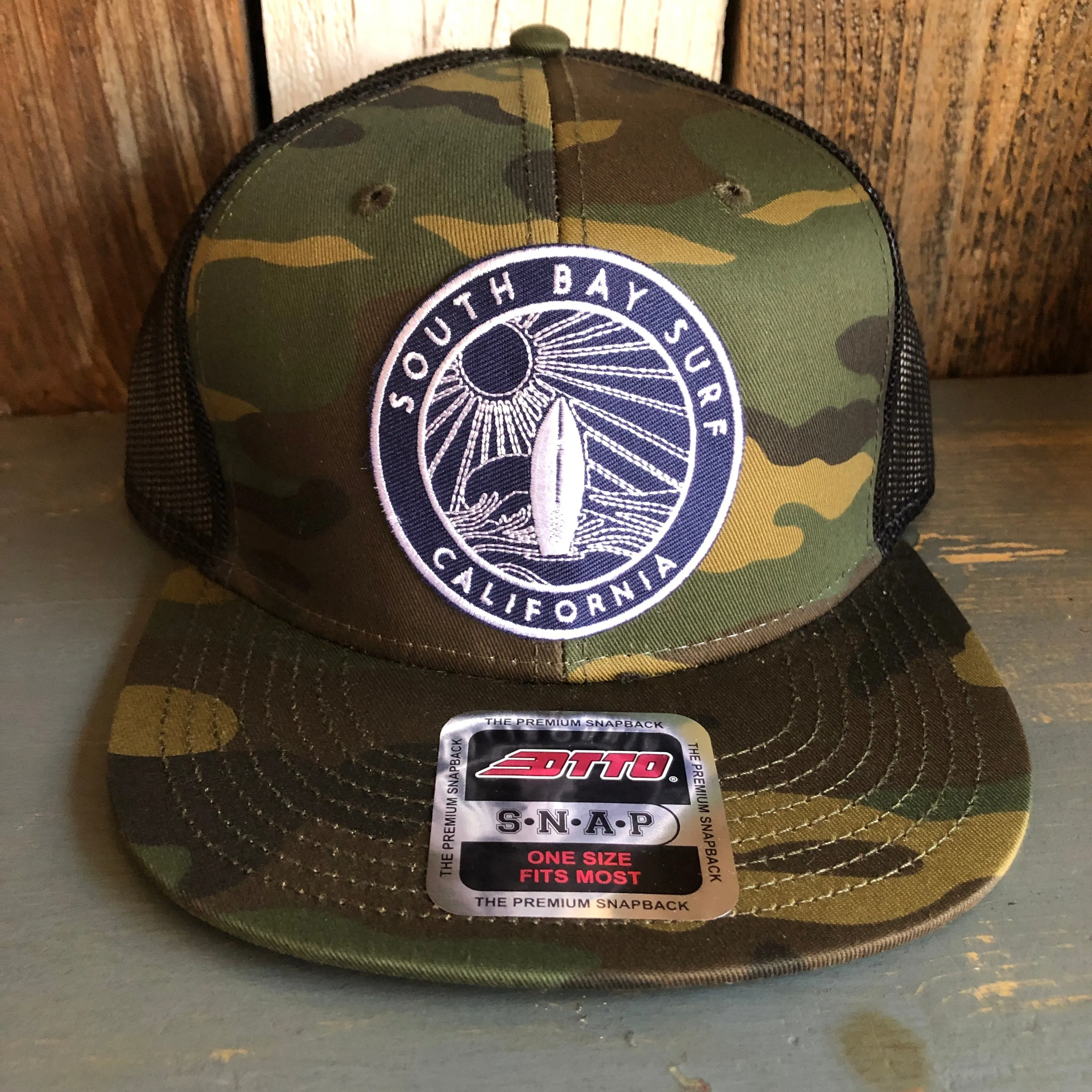 Hermosa Beach SOUTH BAY SURF (Navy Patch) Camouflage 6 Panel Mid Profile Mesh Back Snapback Trucker Hat - Dark Green/Brown/Black