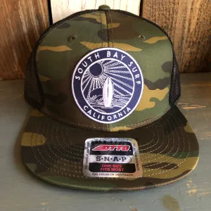 Hermosa Beach SOUTH BAY SURF (Navy Patch) Camouflage 6 Panel Mid Profile Mesh Back Snapback Trucker Hat - Dark Green/Brown/Black