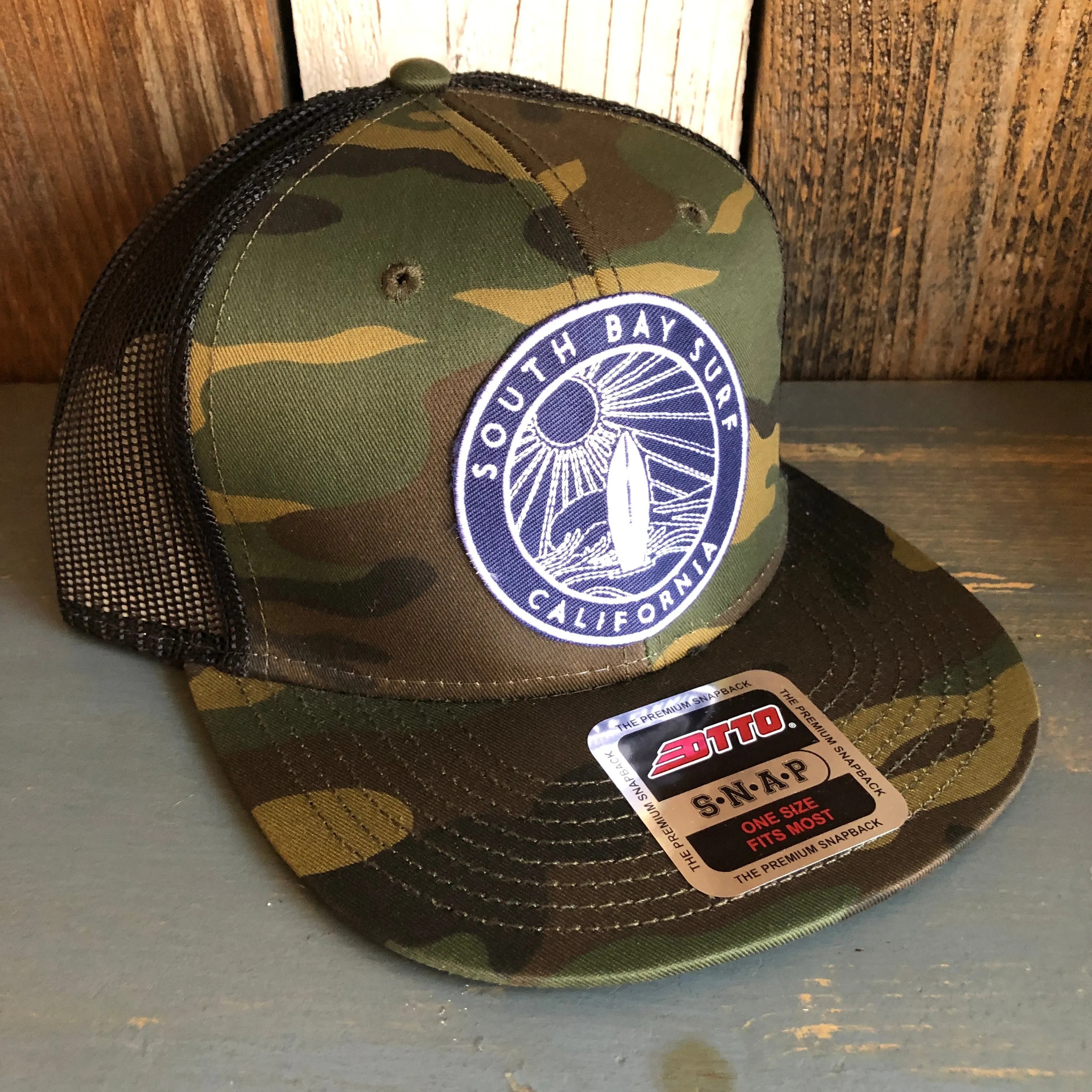 Hermosa Beach SOUTH BAY SURF (Navy Patch) Camouflage 6 Panel Mid Profile Mesh Back Snapback Trucker Hat - Dark Green/Brown/Black