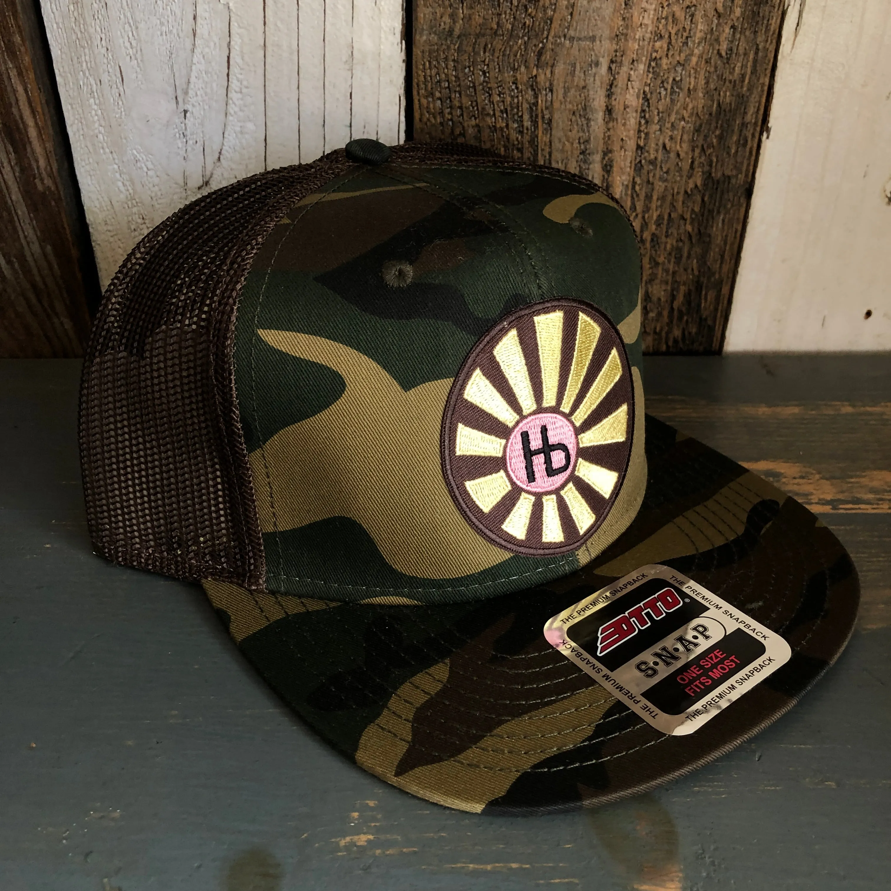 Hermosa Beach SUNBEAMS Camouflage 6 Panel Mid Crown Mesh Back Snapback Trucker Hat - Dark Green/Brown