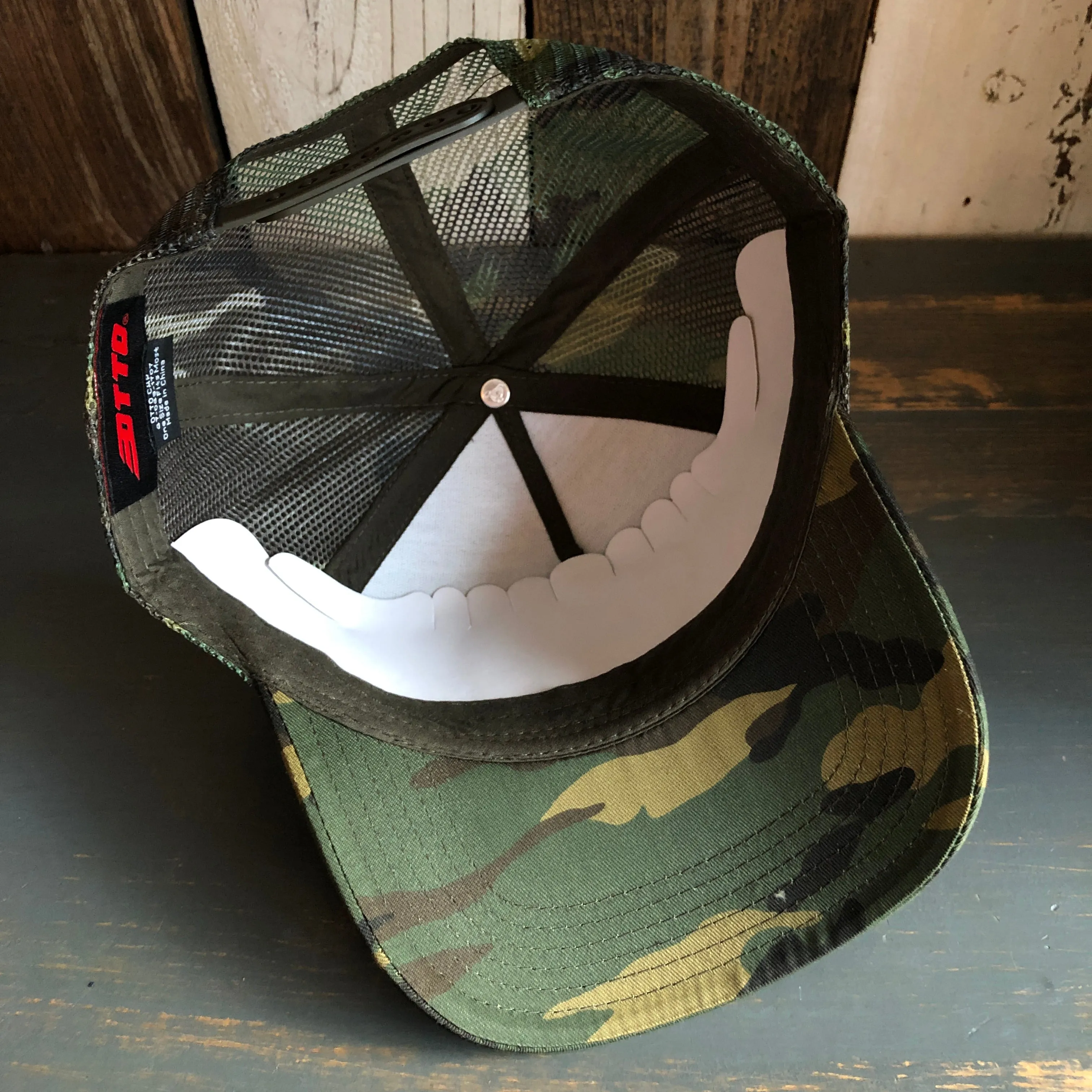 Hermosa Beach SUNBEAMS Camouflage 6 Panel Mid Crown Mesh Back Snapback Trucker Hat - Dark Green/Brown