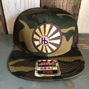 Hermosa Beach SUNBEAMS Camouflage 6 Panel Mid Crown Mesh Back Snapback Trucker Hat - Dark Green/Brown