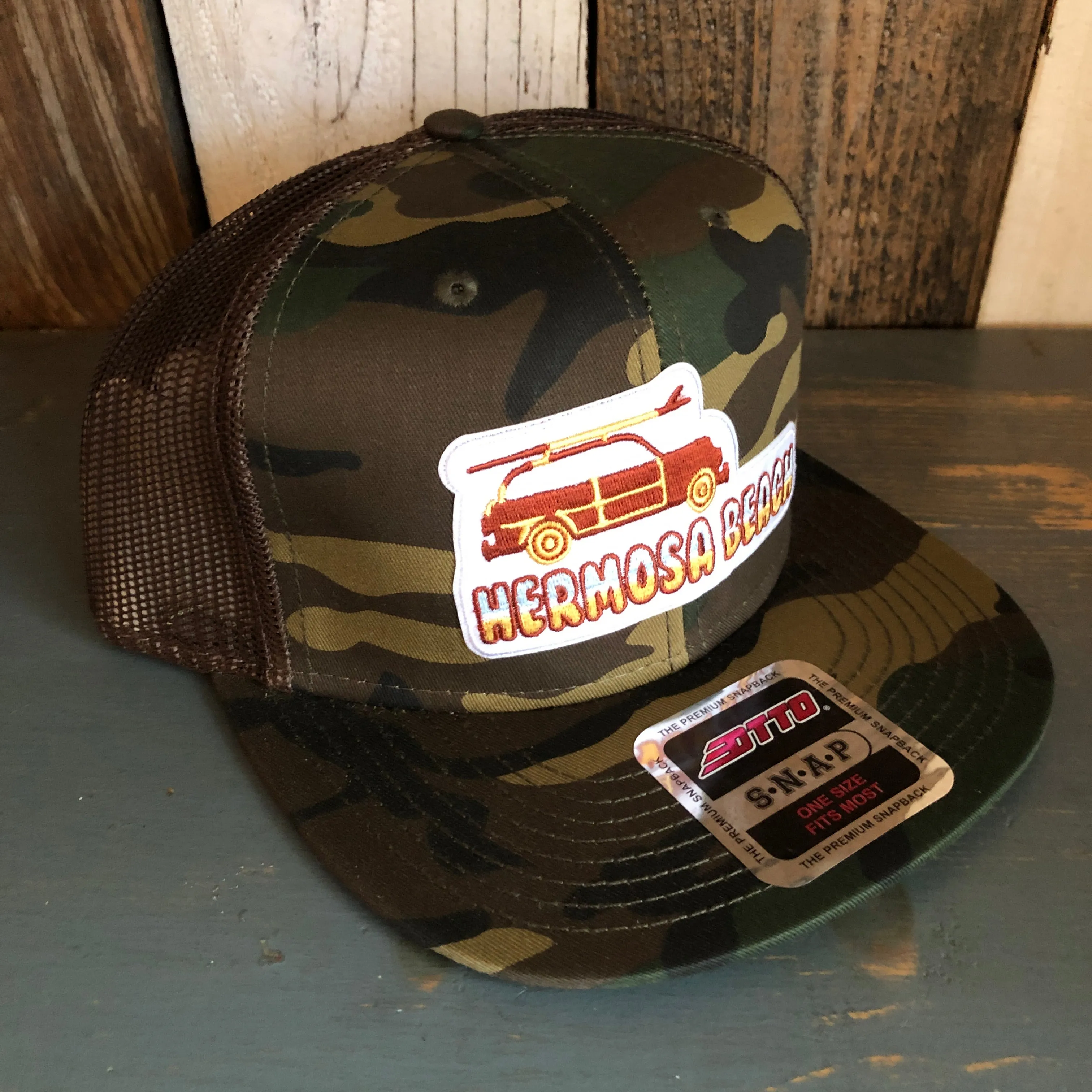 Hermosa Beach WOODIE Camouflage 6 Panel Mid Crown Mesh Back Snapback Trucker Hat - Dark Green/Brown