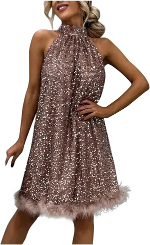 hlysgo Formal Dresses for Women Faux Fur Trim Sleeveless Mock Neck Midi Dress Sparkly Glitter Sequin Dress Evening Ball Gown
