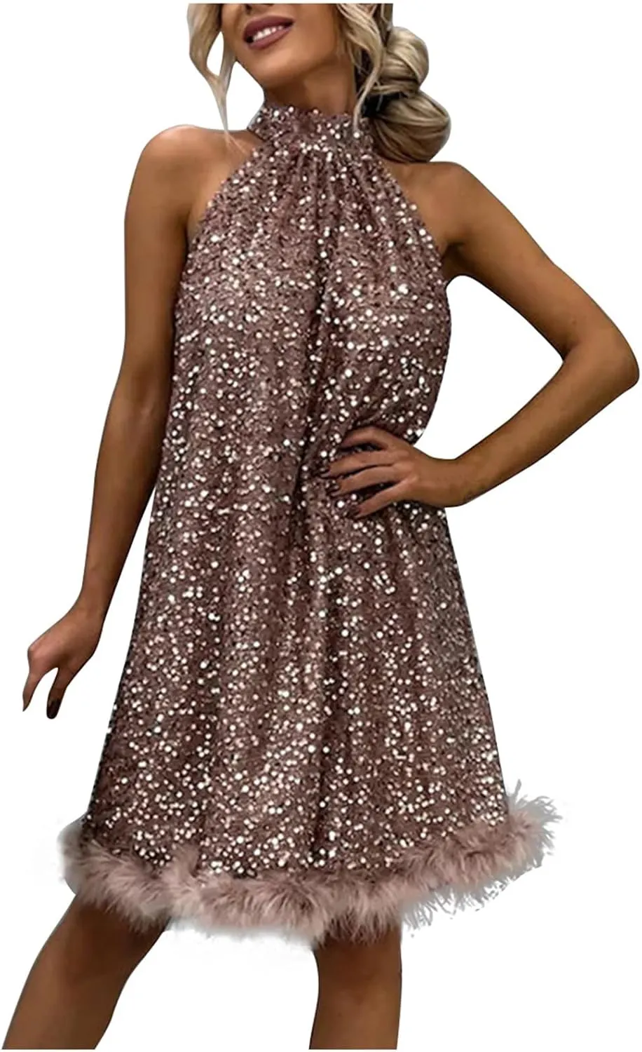 hlysgo Formal Dresses for Women Faux Fur Trim Sleeveless Mock Neck Midi Dress Sparkly Glitter Sequin Dress Evening Ball Gown