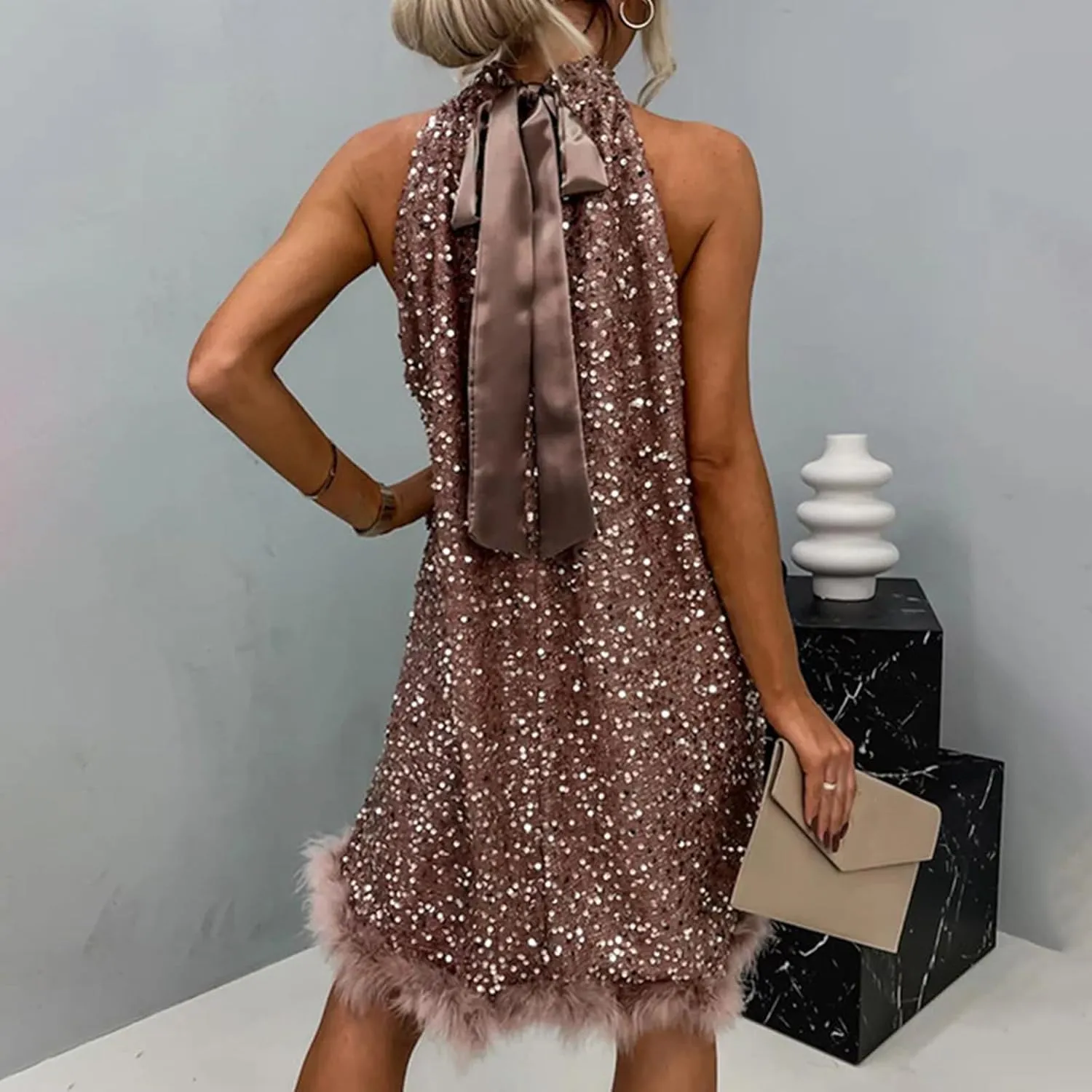 hlysgo Formal Dresses for Women Faux Fur Trim Sleeveless Mock Neck Midi Dress Sparkly Glitter Sequin Dress Evening Ball Gown