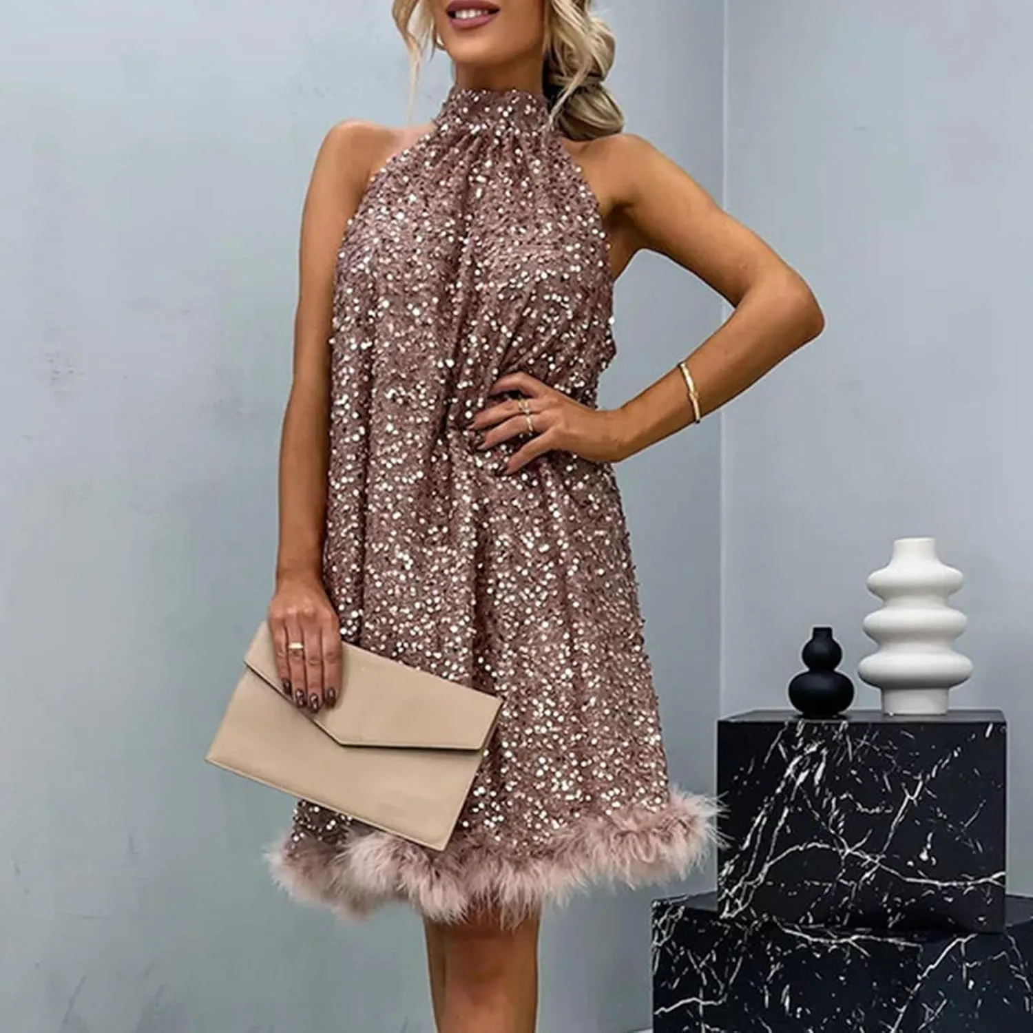 hlysgo Formal Dresses for Women Faux Fur Trim Sleeveless Mock Neck Midi Dress Sparkly Glitter Sequin Dress Evening Ball Gown