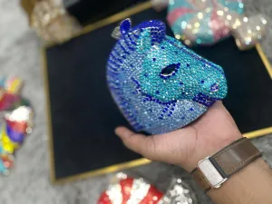 Horse Head Rhinestone Clutch Evening Hand Bag For Women Wedding Party, Blue