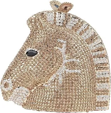 Horse Head Rhinestone Clutch Evening Hand Bag For Women Wedding Party, Goldensilver