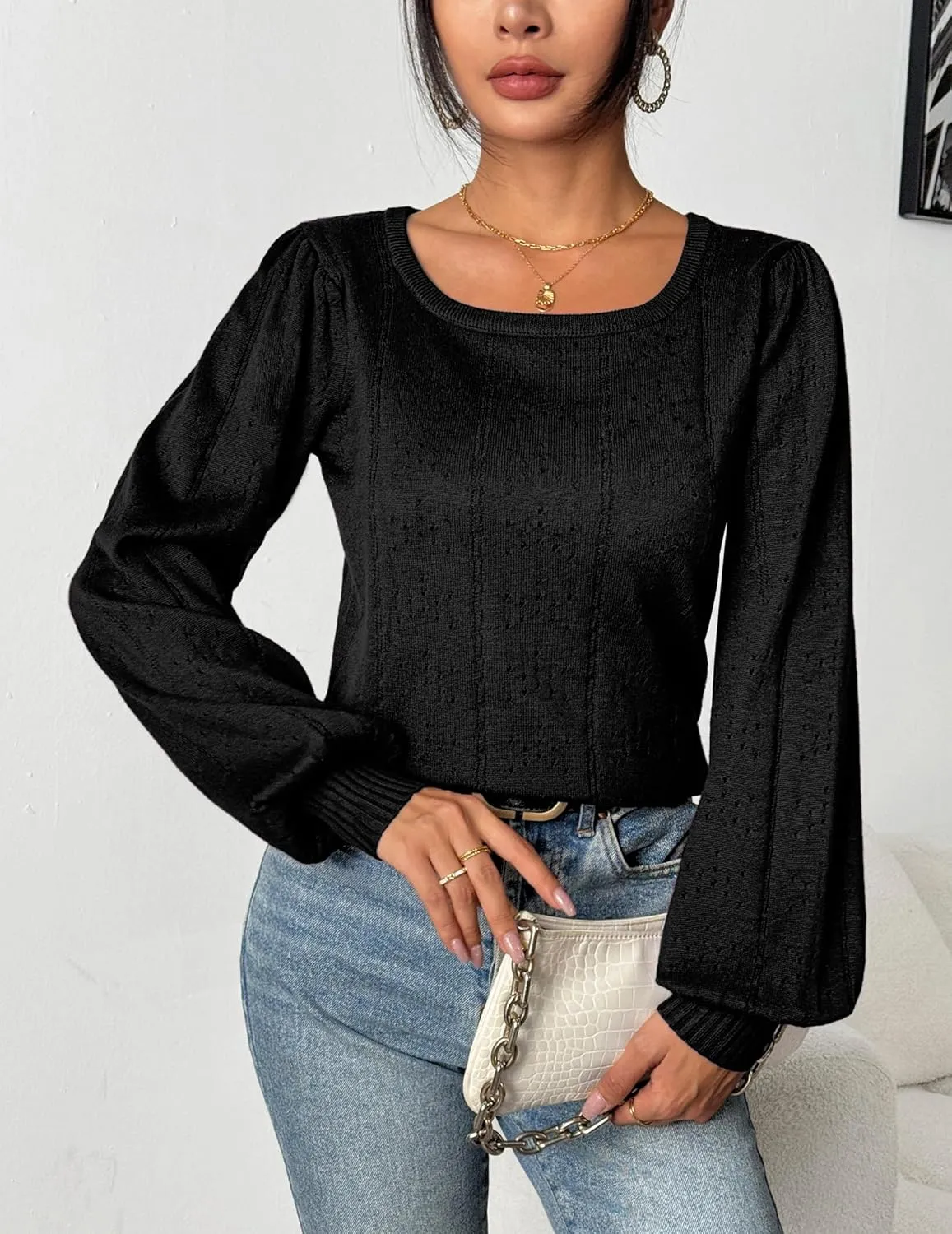 HOTOUCH Womens Puff Sleeve Tops Spring Summer 2025 Trendy Casual Knit Sweaters Square Neck Cute Tunic Pullover Blouses Shirts