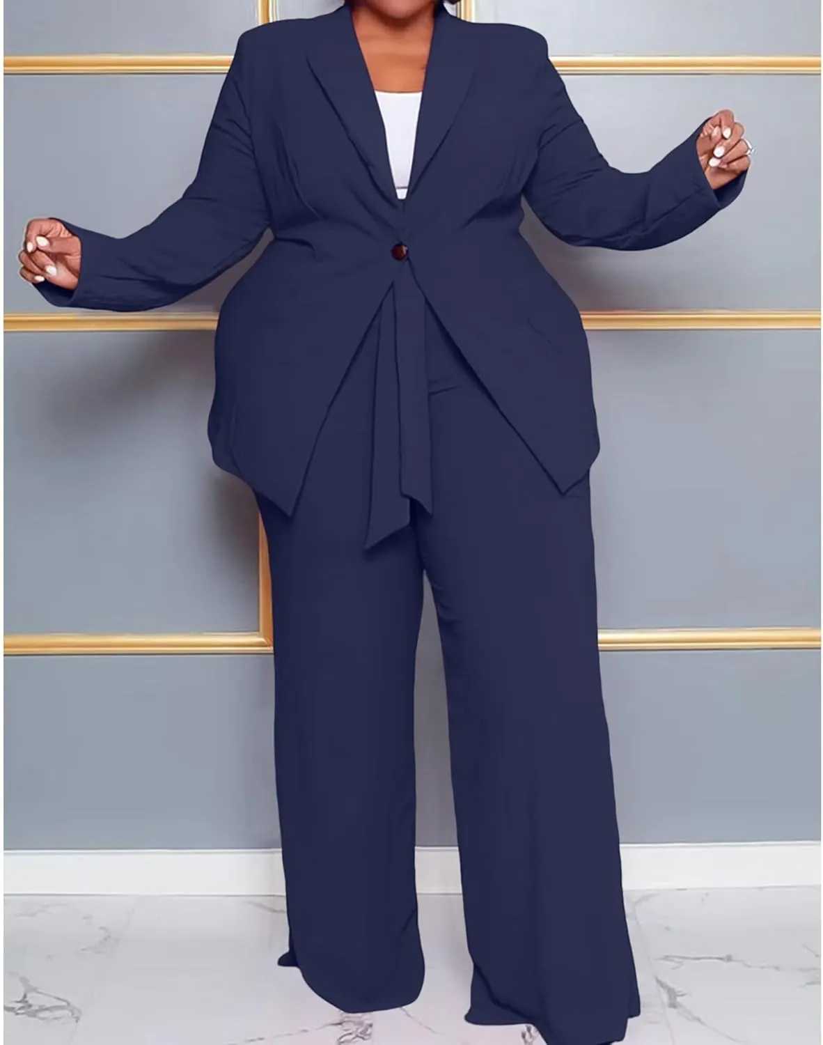 IyMoo Plus Size Suits for Women Business Open Front Long Sleeve Blazer Elastic Waist Solid Straight Leg Pant Set Suits