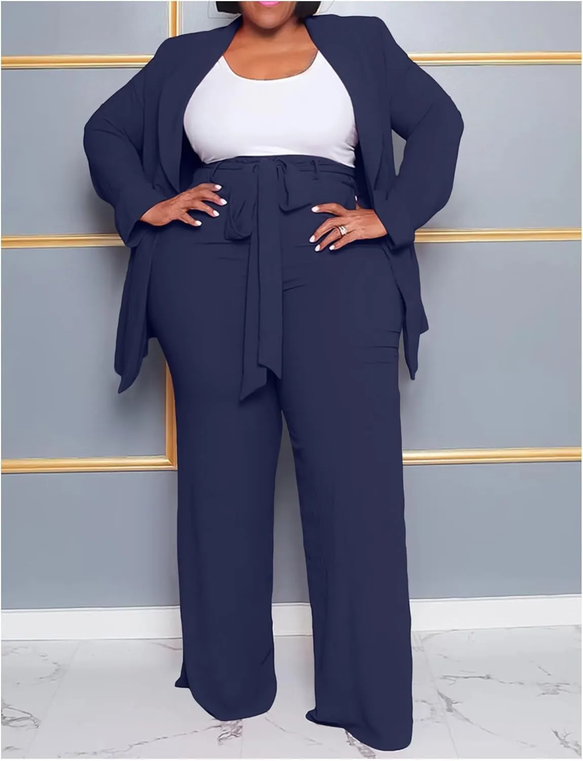 IyMoo Plus Size Suits for Women Business Open Front Long Sleeve Blazer Elastic Waist Solid Straight Leg Pant Set Suits