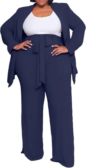 IyMoo Plus Size Suits for Women Business Open Front Long Sleeve Blazer Elastic Waist Solid Straight Leg Pant Set Suits