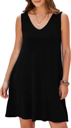 JollieLovin Women V Neck Plus Size Summer Dress 2025 Sleeveless T-Shirt Dress Beach Swing Loose Fit Casual