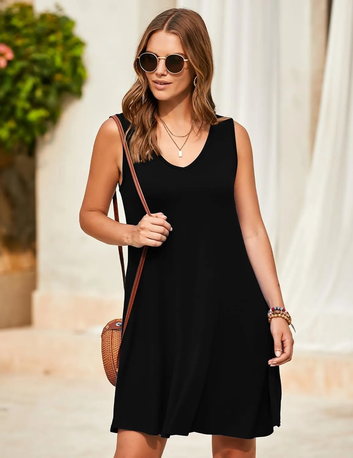 JollieLovin Women V Neck Plus Size Summer Dress 2025 Sleeveless T-Shirt Dress Beach Swing Loose Fit Casual