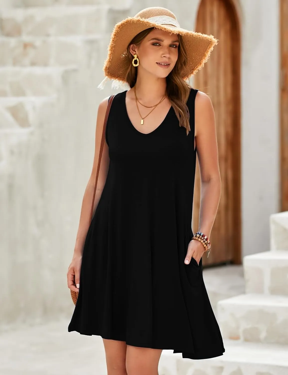 JollieLovin Women V Neck Plus Size Summer Dress 2025 Sleeveless T-Shirt Dress Beach Swing Loose Fit Casual