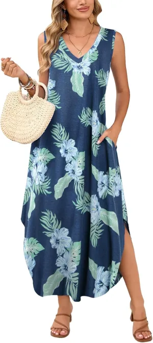 JollieLovin Womens Plus Size Casual Summer Maxi Long Dress 2025 Sleeveless V Neck T-Shirt Loose Sun Dress