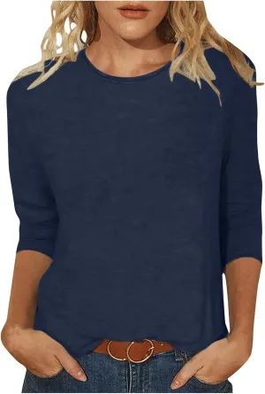 jovati 3/4 Sleeve Shirts For Women Round Neck Basic Blouses Casual Loose Fit Pullover 2024 Womens Summer Work Tops