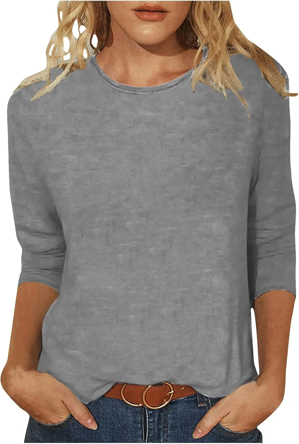 jovati 3/4 Sleeve Shirts For Women Round Neck Basic Blouses Casual Loose Fit Pullover 2024 Womens Summer Work Tops