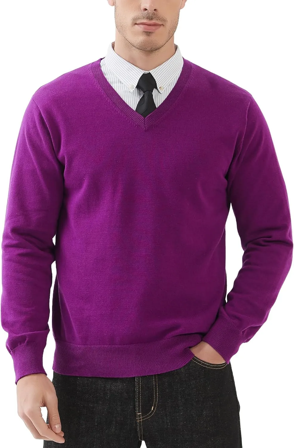 Kallspin Men's V Neck Sweater Pullover Pure Cotton Regular Fit Long Sleeve Knitting Sweaters