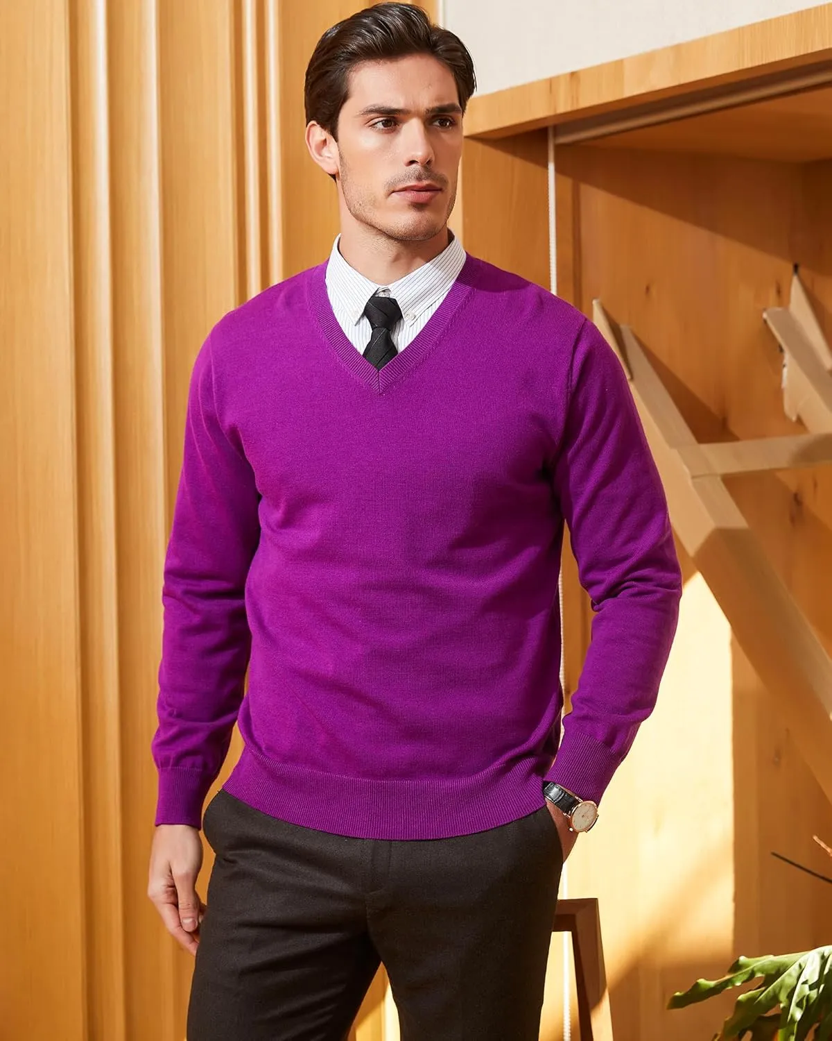 Kallspin Men's V Neck Sweater Pullover Pure Cotton Regular Fit Long Sleeve Knitting Sweaters