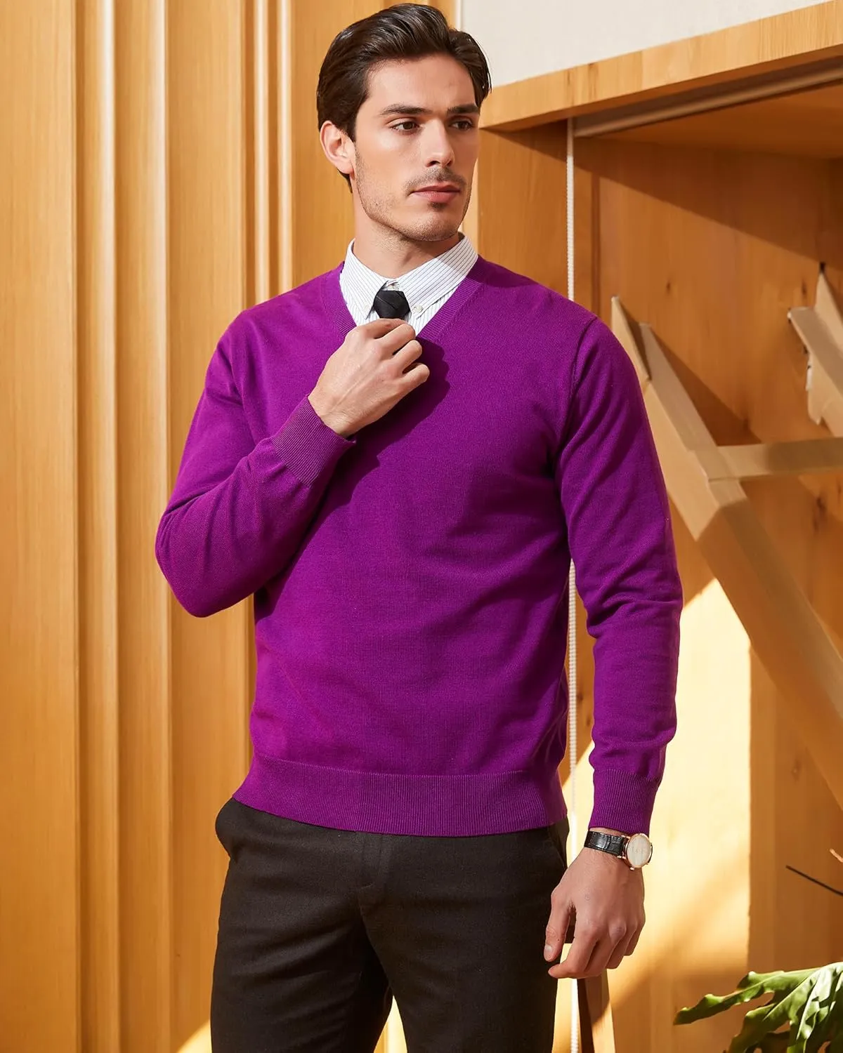 Kallspin Men's V Neck Sweater Pullover Pure Cotton Regular Fit Long Sleeve Knitting Sweaters