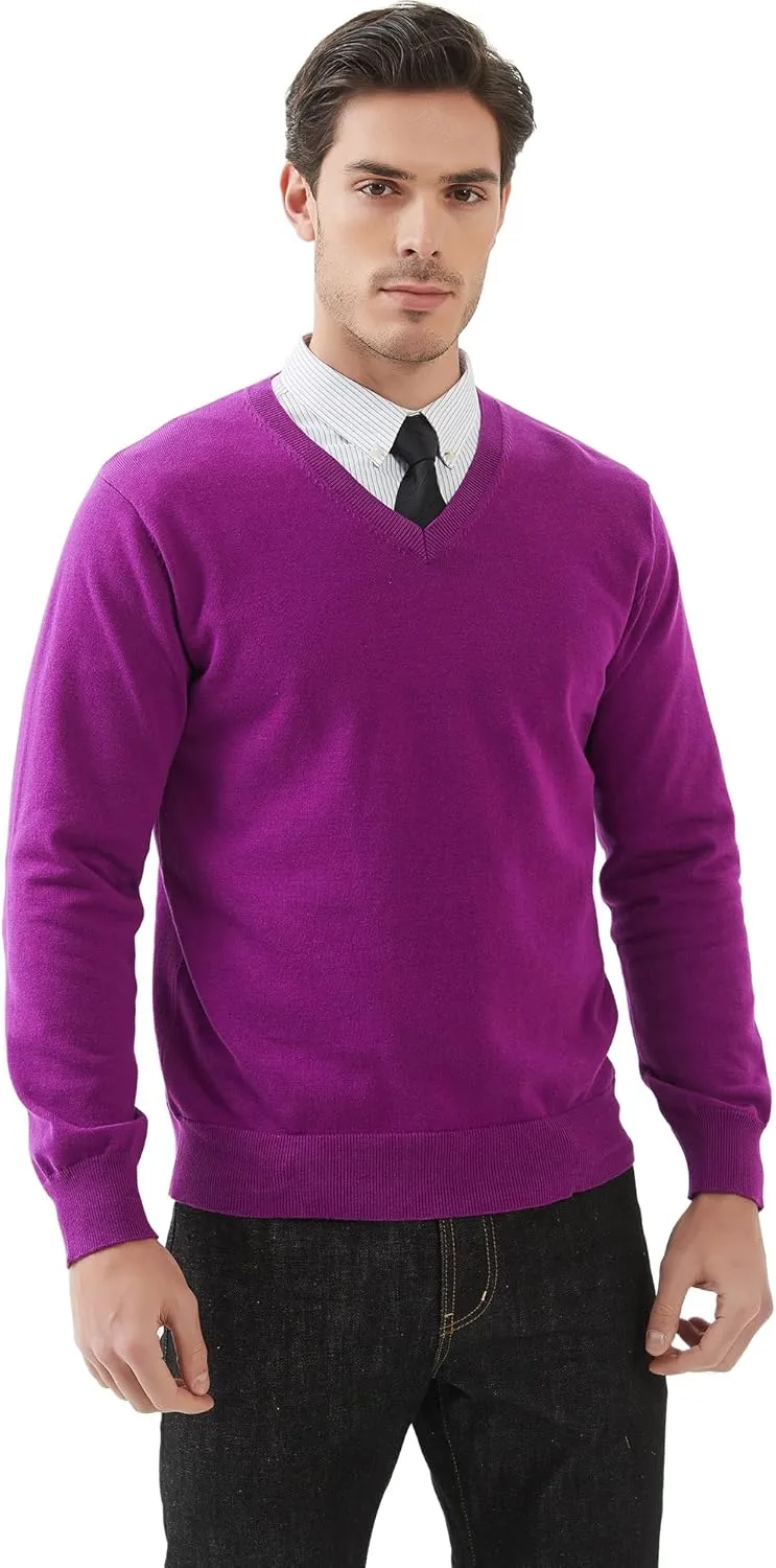 Kallspin Men's V Neck Sweater Pullover Pure Cotton Regular Fit Long Sleeve Knitting Sweaters