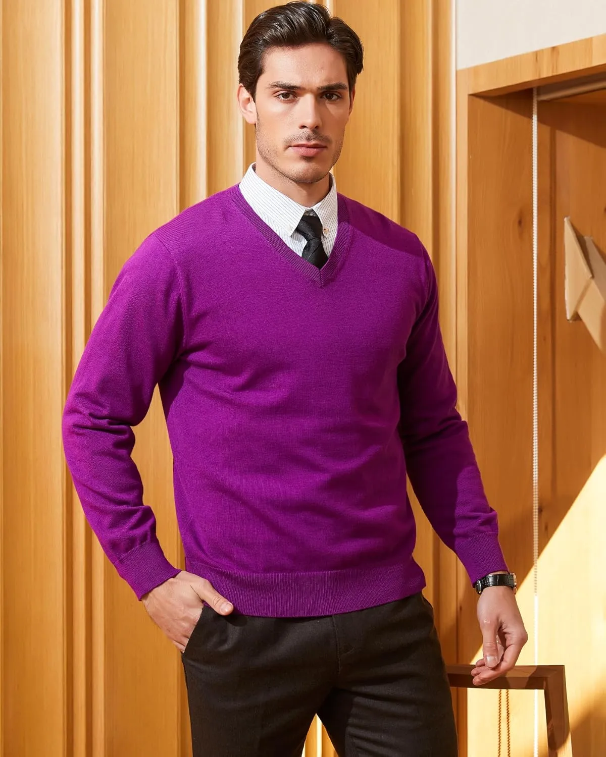Kallspin Men's V Neck Sweater Pullover Pure Cotton Regular Fit Long Sleeve Knitting Sweaters