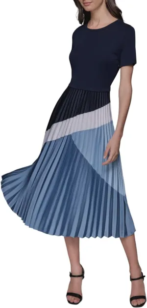 Karl Lagerfeld Paris Women's Short Sleeve Pleated Skirt A-line Midi Dress