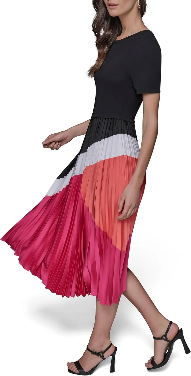 Karl Lagerfeld Paris Women's Short Sleeve Pleated Skirt A-line Midi Dress