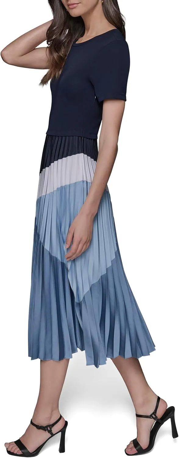 Karl Lagerfeld Paris Women's Short Sleeve Pleated Skirt A-line Midi Dress