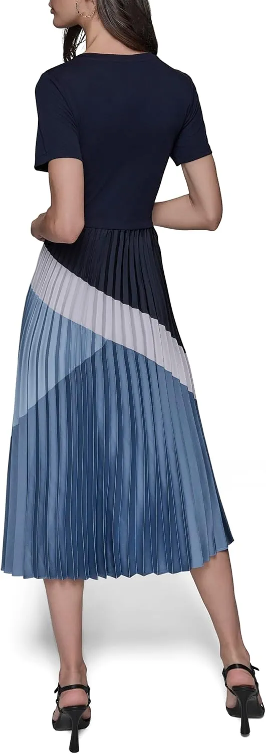 Karl Lagerfeld Paris Women's Short Sleeve Pleated Skirt A-line Midi Dress