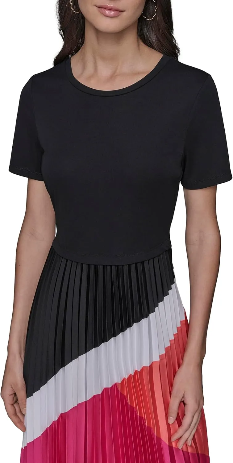 Karl Lagerfeld Paris Women's Short Sleeve Pleated Skirt A-line Midi Dress
