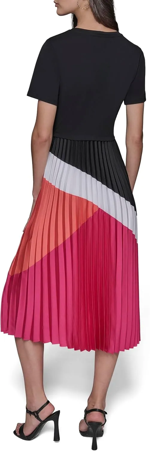 Karl Lagerfeld Paris Women's Short Sleeve Pleated Skirt A-line Midi Dress