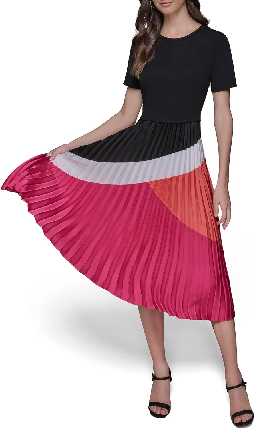 Karl Lagerfeld Paris Women's Short Sleeve Pleated Skirt A-line Midi Dress