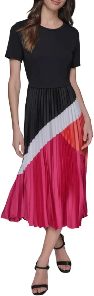 Karl Lagerfeld Paris Women's Short Sleeve Pleated Skirt A-line Midi Dress