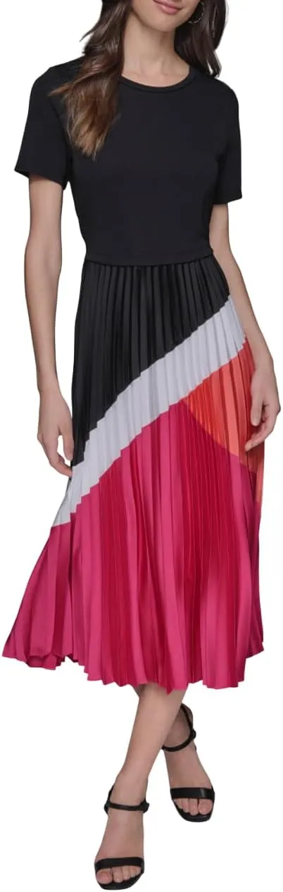Karl Lagerfeld Paris Women's Short Sleeve Pleated Skirt A-line Midi Dress