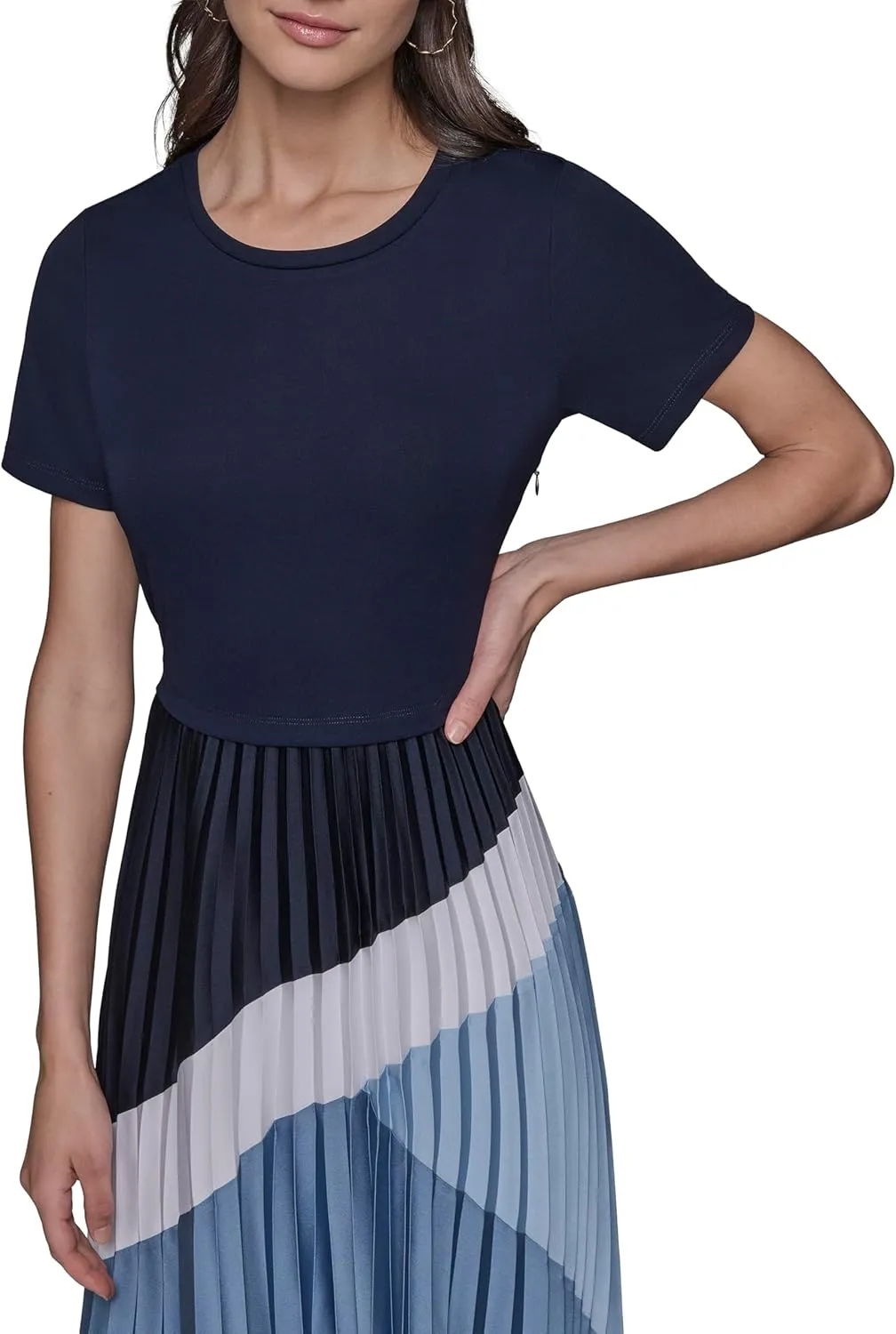 Karl Lagerfeld Paris Women's Short Sleeve Pleated Skirt A-line Midi Dress